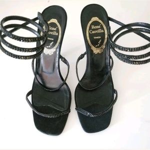Black Rene Caovilla Rhinestone Snake Wrap Heels